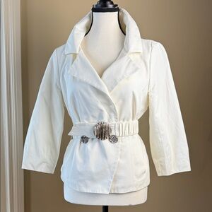 Chapter One Lined Blazer Size 8  Cream 3/4 Sleeve Removable Elasticized Belt